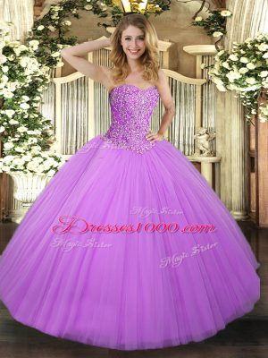 Cute Lilac Sleeveless Tulle Lace Up Quinceanera Dress for Military Ball and Sweet 16 and Quinceanera