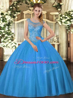 Hot Selling Tulle Scoop Sleeveless Lace Up Beading Quinceanera Dresses in Baby Blue