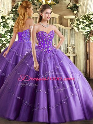 Sweetheart Sleeveless Quinceanera Dress Floor Length Appliques and Embroidery Lavender Tulle