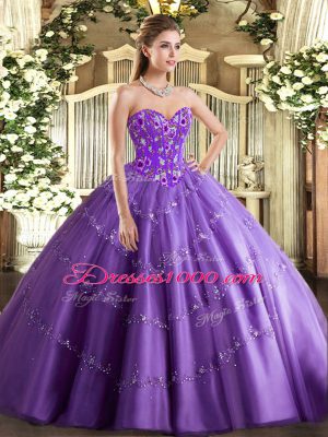 Sweetheart Sleeveless Quinceanera Dress Floor Length Appliques and Embroidery Lavender Tulle