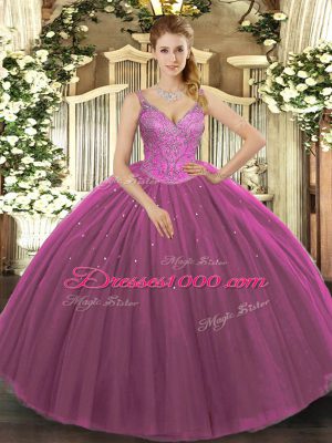 Spectacular Ball Gowns Quince Ball Gowns Fuchsia V-neck Tulle Sleeveless Floor Length Lace Up