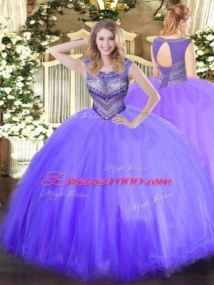 Scoop Sleeveless Vestidos de Quinceanera Floor Length Beading Lavender Tulle