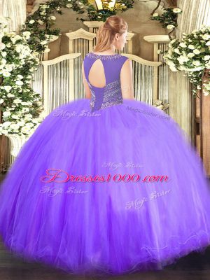 Scoop Sleeveless Vestidos de Quinceanera Floor Length Beading Lavender Tulle