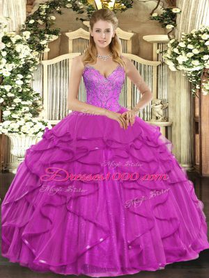 Beading and Ruffles Ball Gown Prom Dress Fuchsia Lace Up Sleeveless Floor Length