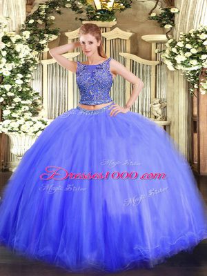 Beautiful Blue Sweet 16 Dresses Military Ball and Sweet 16 and Quinceanera with Beading Scoop Sleeveless Lace Up