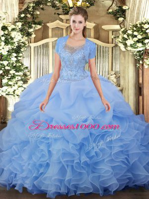Pretty Aqua Blue Sleeveless Floor Length Beading and Ruffled Layers Clasp Handle Sweet 16 Dresses