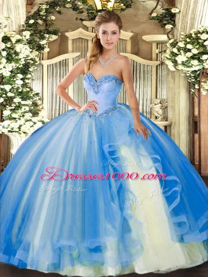 Stunning Baby Blue Tulle Lace Up Sweetheart Sleeveless Floor Length Sweet 16 Quinceanera Dress Beading and Ruffles