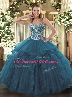 Floor Length Teal Quinceanera Gown Sweetheart Sleeveless Lace Up