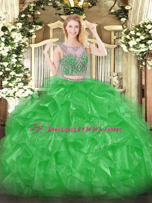 Pretty Green Two Pieces Beading and Ruffles Sweet 16 Dresses Lace Up Organza Sleeveless Floor Length