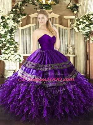 Chic Purple Sleeveless Floor Length Embroidery and Ruffles Zipper Quinceanera Dress