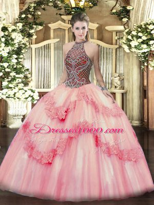 Pink Tulle Lace Up Quinceanera Gowns Sleeveless Floor Length Beading and Appliques