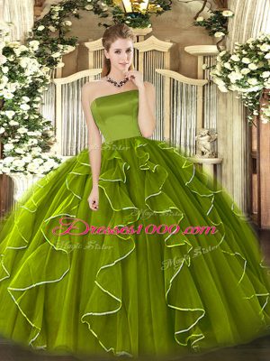 Noble Strapless Sleeveless 15 Quinceanera Dress Floor Length Ruffles Olive Green Tulle