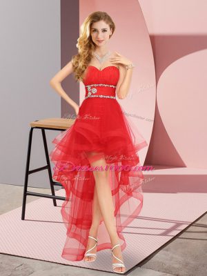 Wonderful A-line Prom Gown Red Sweetheart Tulle Sleeveless High Low Lace Up