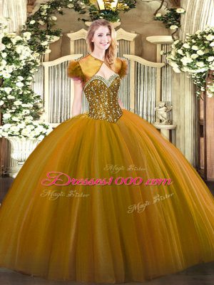 Brown Sleeveless Tulle Lace Up Quinceanera Gowns for Military Ball and Sweet 16 and Quinceanera