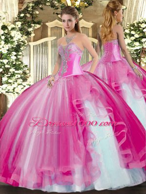 Customized Fuchsia Sweetheart Neckline Beading and Ruffles Quinceanera Gowns Sleeveless Lace Up