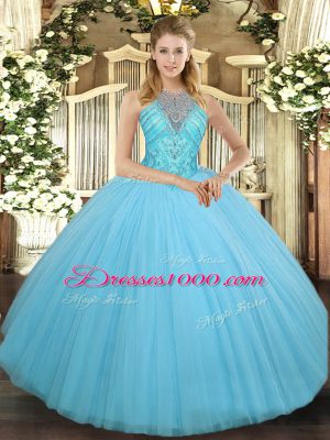 Smart Aqua Blue Tulle Lace Up Ball Gown Prom Dress Sleeveless Floor Length Beading