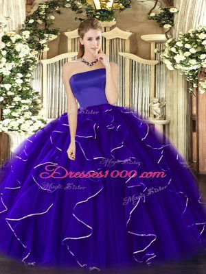 Customized Blue Zipper Strapless Ruffles 15th Birthday Dress Tulle Sleeveless