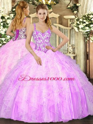 Sexy Lilac Sleeveless Beading and Ruffles Floor Length 15 Quinceanera Dress