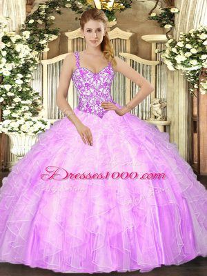 Sexy Lilac Sleeveless Beading and Ruffles Floor Length 15 Quinceanera Dress