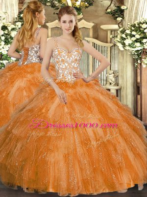 Sexy Orange Straps Neckline Beading and Ruffles Quinceanera Dress Sleeveless Lace Up