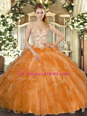 Sexy Orange Straps Neckline Beading and Ruffles Quinceanera Dress Sleeveless Lace Up