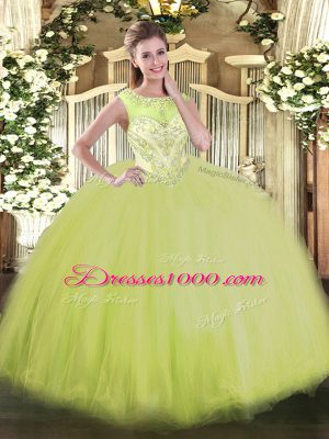 Yellow Green Tulle Zipper Ball Gown Prom Dress Sleeveless Floor Length Beading