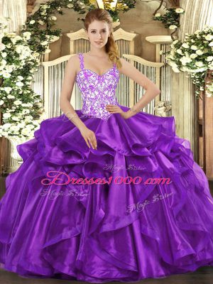 Ball Gowns Quinceanera Gowns Eggplant Purple Straps Organza Sleeveless Floor Length Lace Up