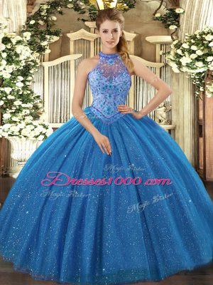 Chic Blue Ball Gowns Beading and Embroidery Quince Ball Gowns Lace Up Tulle Sleeveless Floor Length