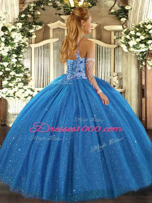 Chic Blue Ball Gowns Beading and Embroidery Quince Ball Gowns Lace Up Tulle Sleeveless Floor Length