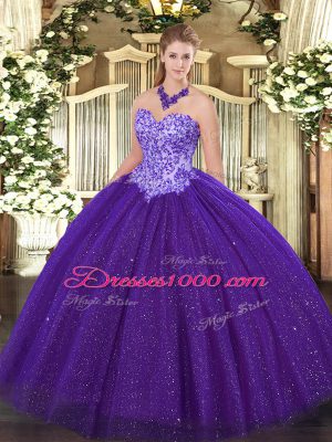 Sleeveless Tulle Floor Length Lace Up Quinceanera Gowns in Purple with Beading