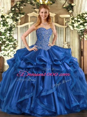Stylish Sleeveless Floor Length Beading and Ruffles Lace Up Quinceanera Gowns with Blue