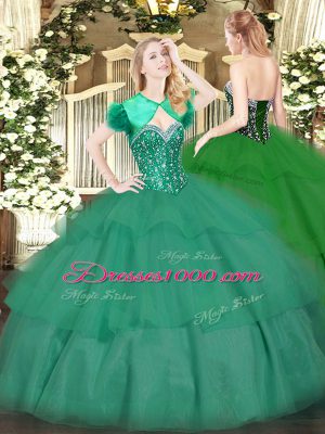 Edgy Turquoise Tulle Lace Up Quinceanera Dresses Sleeveless Floor Length Beading and Ruffled Layers