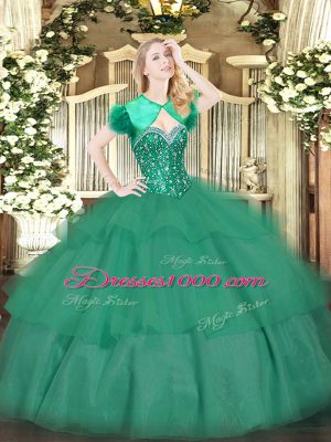 Edgy Turquoise Tulle Lace Up Quinceanera Dresses Sleeveless Floor Length Beading and Ruffled Layers
