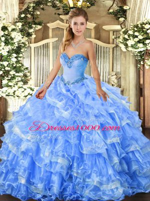 Modest Baby Blue Lace Up Sweetheart Beading and Ruffled Layers 15th Birthday Dress Organza Sleeveless
