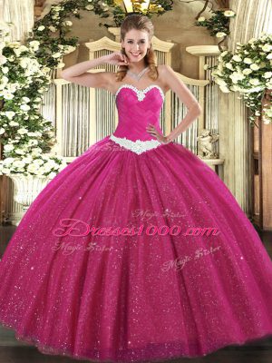 Latest Hot Pink Lace Up Quince Ball Gowns Appliques Sleeveless Floor Length
