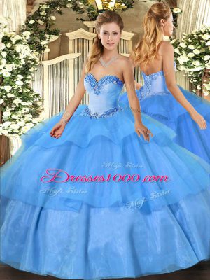 Latest Baby Blue Tulle Lace Up 15th Birthday Dress Sleeveless Floor Length Beading and Ruffled Layers
