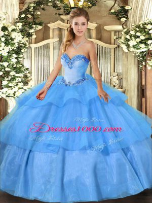 Latest Baby Blue Tulle Lace Up 15th Birthday Dress Sleeveless Floor Length Beading and Ruffled Layers