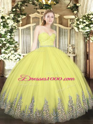 Lovely Sleeveless Floor Length Beading and Lace and Appliques Zipper Sweet 16 Dress with Yellow