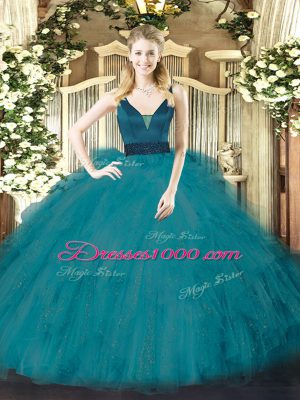Romantic Straps Sleeveless 15 Quinceanera Dress Floor Length Beading and Ruffles Teal Tulle