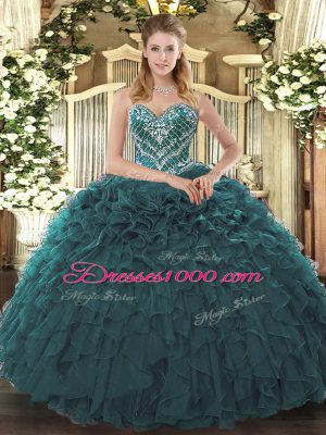 Teal Tulle Lace Up Quinceanera Dresses Sleeveless Floor Length Beading and Ruffled Layers