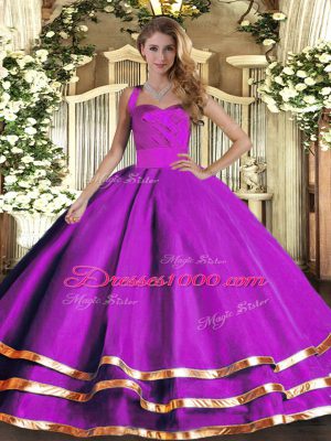 Purple Ball Gowns Tulle Halter Top Sleeveless Ruffled Layers Floor Length Lace Up Quinceanera Dresses