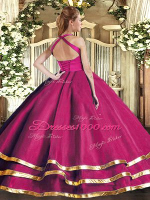 Purple Ball Gowns Tulle Halter Top Sleeveless Ruffled Layers Floor Length Lace Up Quinceanera Dresses