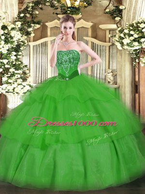 Fancy Ball Gowns Quinceanera Gown Green Strapless Tulle Sleeveless Floor Length Lace Up