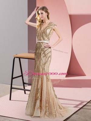 Champagne Sleeveless Floor Length Beading and Belt Zipper Teens Party Dress