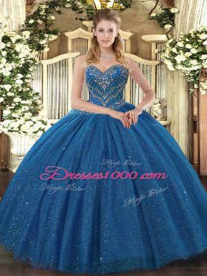 Teal Ball Gowns Tulle Sweetheart Sleeveless Beading Floor Length Lace Up Quince Ball Gowns