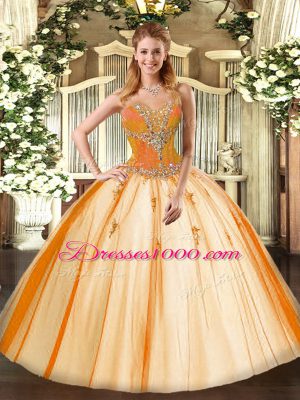 Modest Sleeveless Floor Length Beading Lace Up 15 Quinceanera Dress with Gold