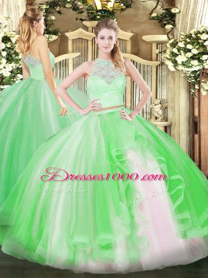 Traditional Green Sweet 16 Quinceanera Dress Military Ball and Sweet 16 and Quinceanera with Lace and Ruffles Scoop Sleeveless Zipper