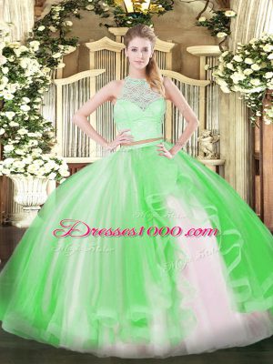 Traditional Green Sweet 16 Quinceanera Dress Military Ball and Sweet 16 and Quinceanera with Lace and Ruffles Scoop Sleeveless Zipper