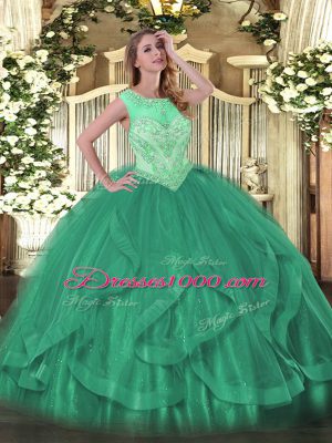 Customized Scoop Sleeveless Tulle Quinceanera Gowns Beading and Ruffles Lace Up