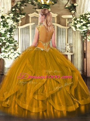 Brown Ball Gowns Beading Quinceanera Dresses Zipper Tulle Sleeveless Floor Length